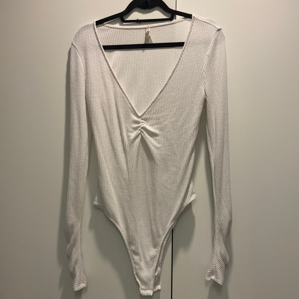 Free people deep V waffle long sleeve bodysuit